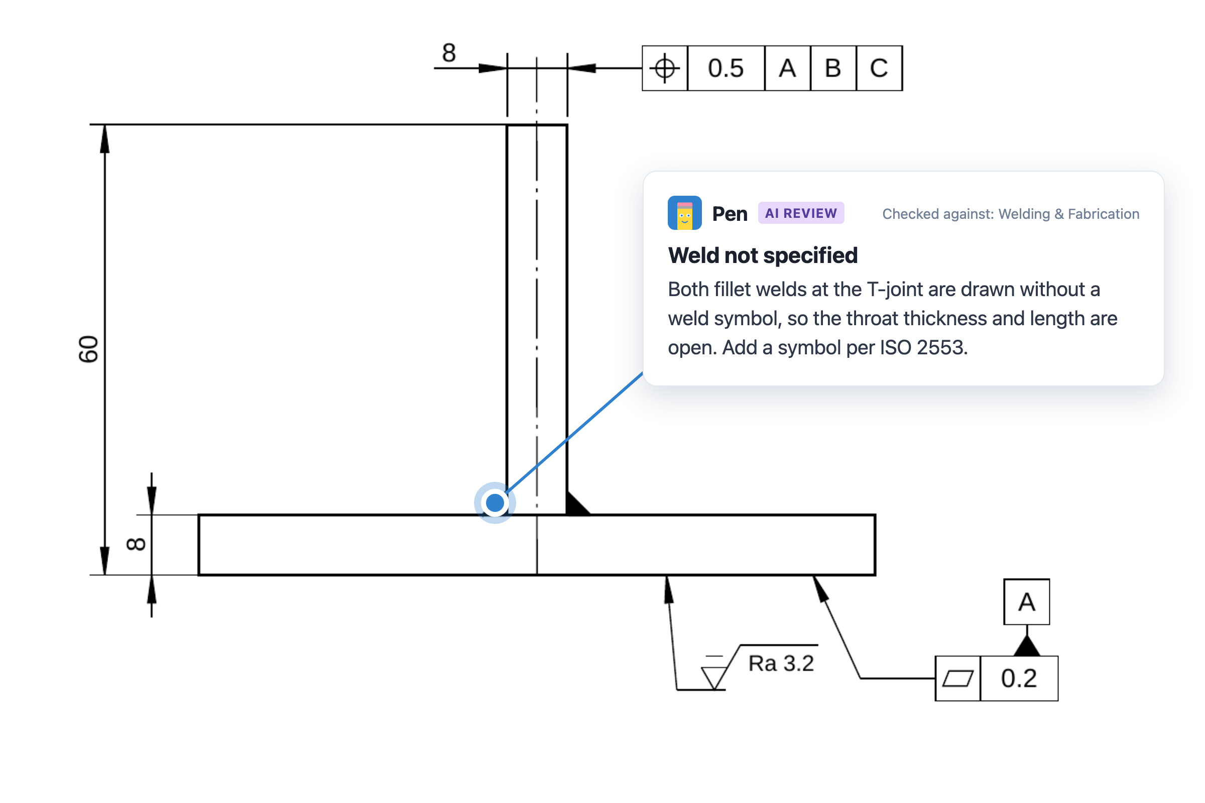 An AI review finding on a T-joint weldment drawing: both fillet welds are drawn without a weld symbol, so throat thickness and length are open, checked against the Welding & Fabrication review profile.