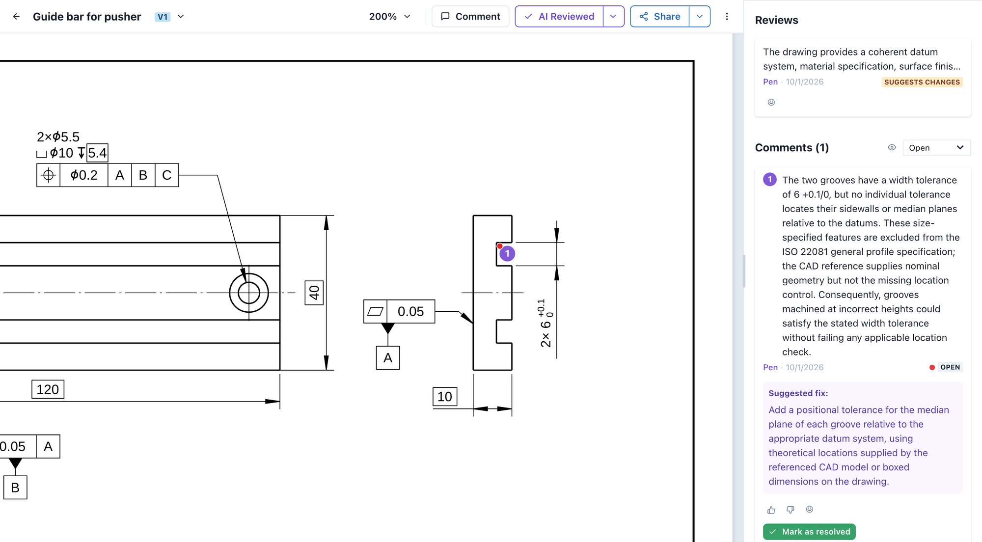 Pen’s finding in the drawing viewer: the width tolerance takes the groove walls out of the ISO 22081 general profile, and nothing locates them relative to A, B and C. Pen suggests a position tolerance as the fix.
