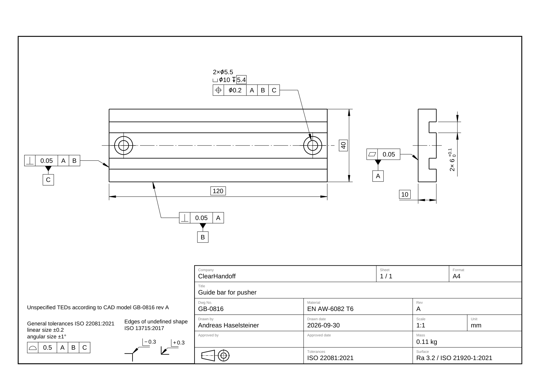 Drawing of the guide bar GB-0816: plan view with two grooves and two counterbored holes, side view with the groove width, general tolerances to ISO 22081.