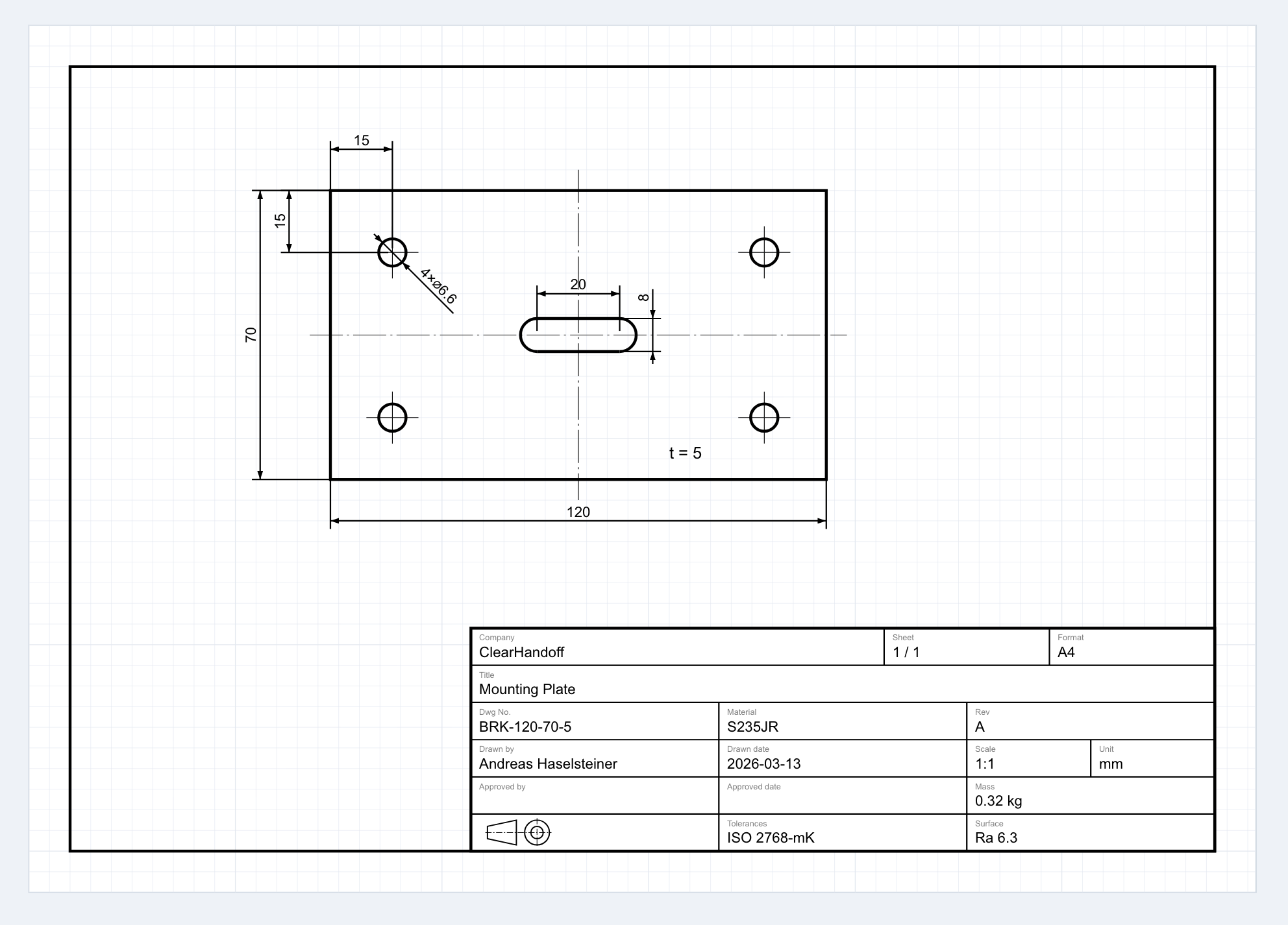 A mounting plate drawing with a filled-in title block in ClearHandoff's drawing tool