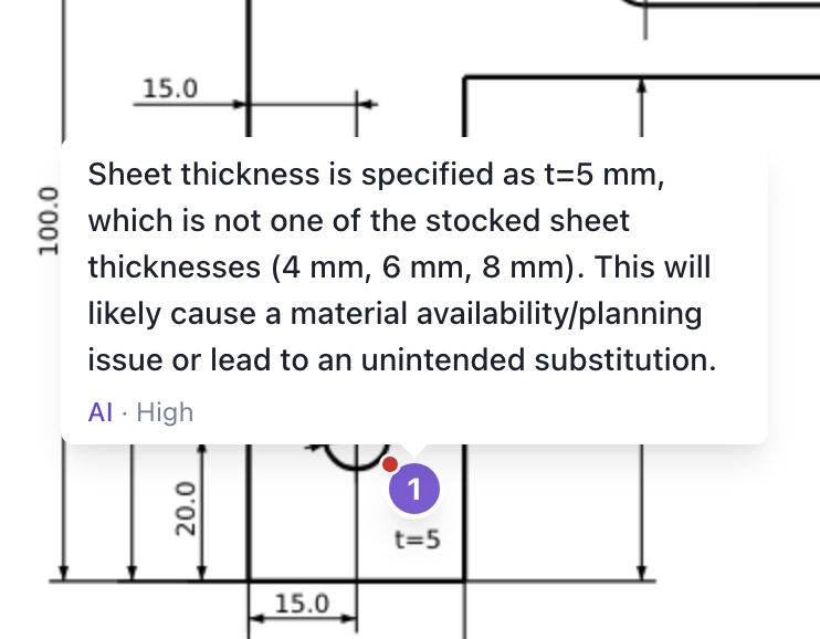 AI flagging a 5 mm sheet thickness that is not in stock