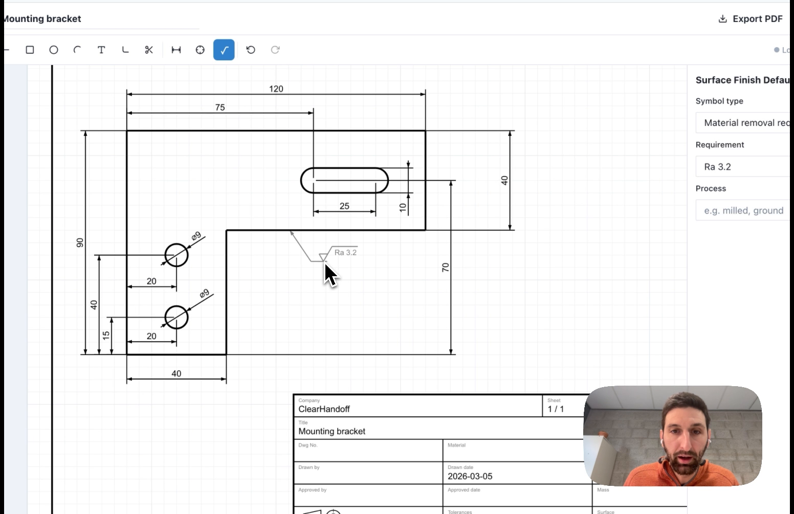 ClearHandoff drawing tool showing a mounting bracket with ISO dimensions, surface finish symbols, and title block
