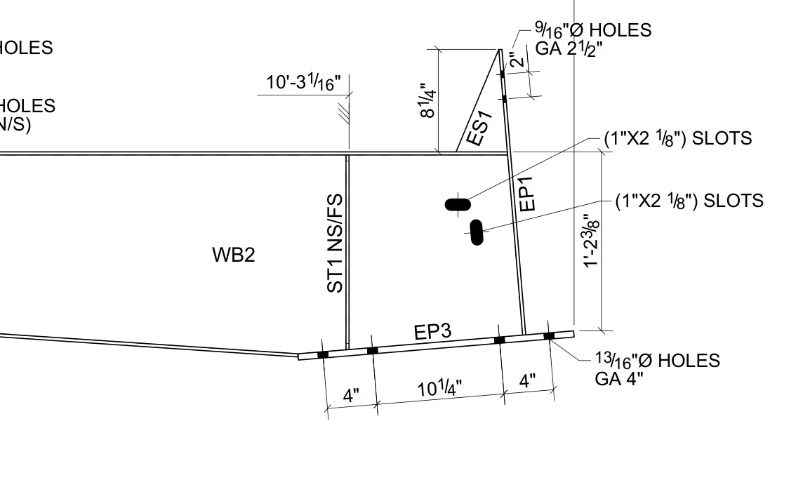 Detail of a Tekla Structures assembly drawing: end plate EP3 with a 4, 10 1/4, 4 hole chain